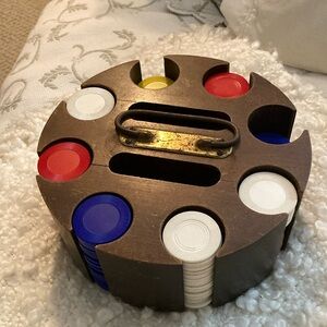 Vintage - solid wood poker chip carouse caddy and plastic chips